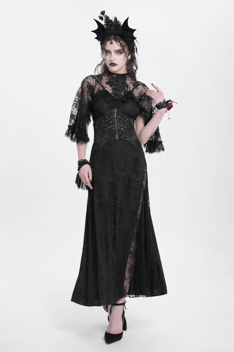 Underbust Corset with Batwing Beaded Lace-Up & Zip Closure