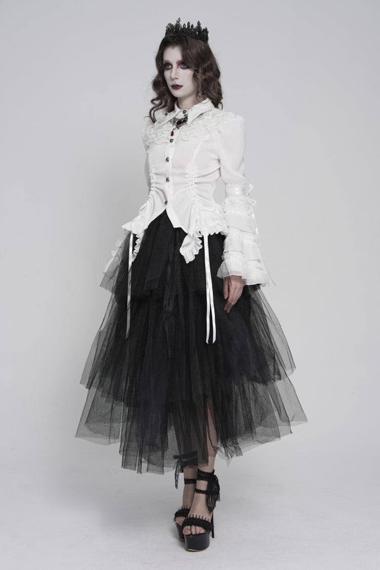 Ivory Slim Fit Women's Gothic Blouse with Trumpet Sleeves and Lace-Up