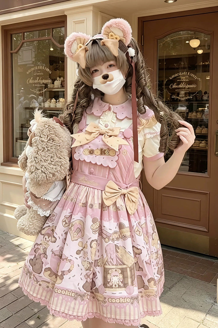 Teddy Bear Cookie Dessert Print Dress with Bow & Ruffles