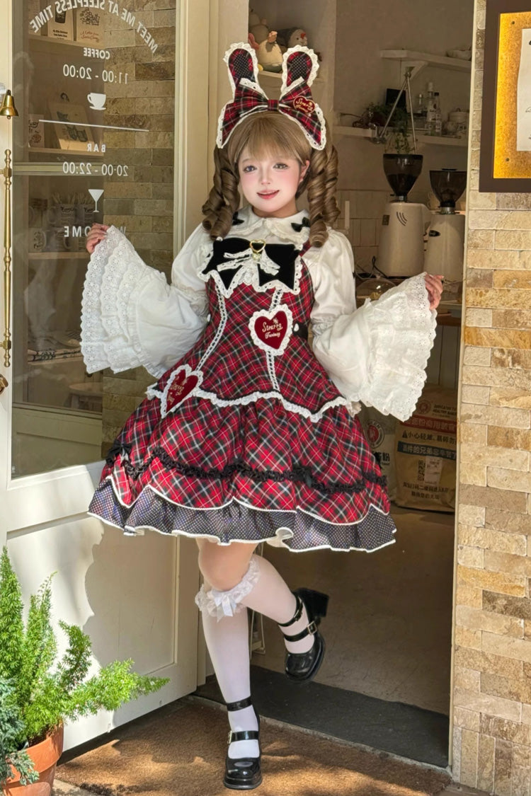 Crimson Shibuya Sweetheart Tartan Print Sleeveless Frill Bow Sweet Lolita JSK Plus Size