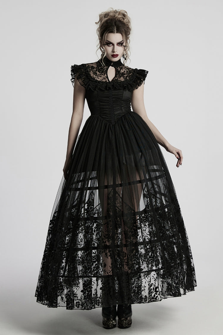 Black Stand Collar Cutout Embroidered Flocking Mesh Gothic Formal Gown