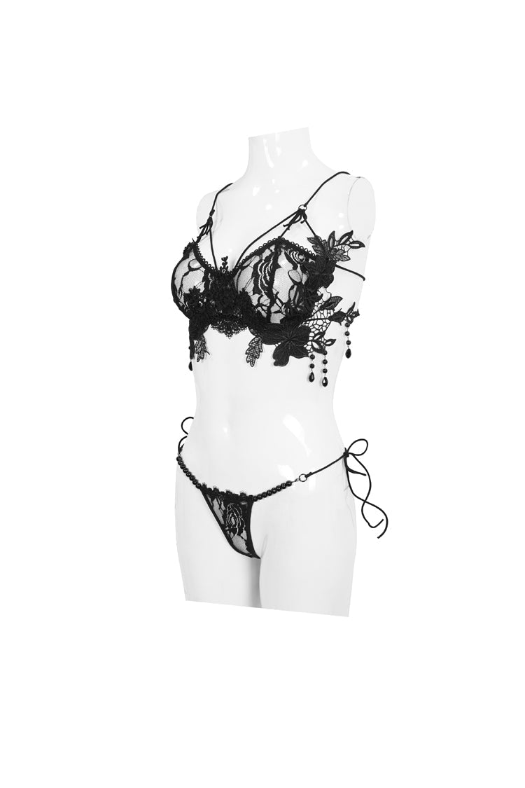 Pearl-Decorated Lace-Up Gothic Corset Set with 3D Lace