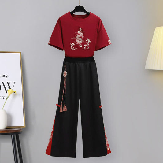 Vintage Dragon Embroidery T-Shirt Tassel Pants Set