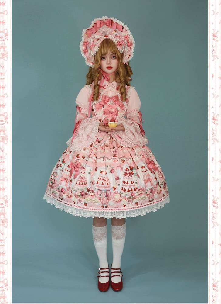 Accents Bow JSK Strawberry Print Full Sweet Set / Pink Desserts Lolita and