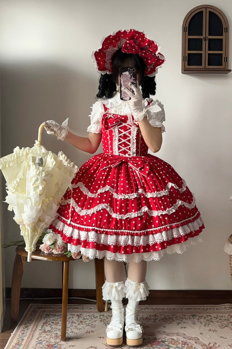 Red Polka Dot Floral Ruffle Lace Up Sweet Lolita Dress