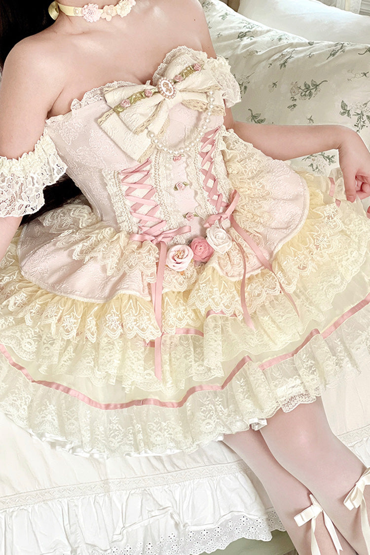 Rose Petal Triple-Tier Bow Lace Gorgeous Lolita Skirt - Sweet Tea Rose Dew