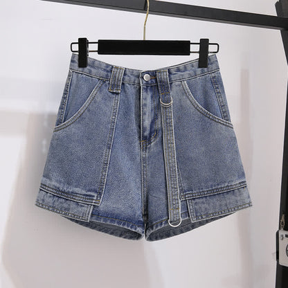 Fake Two Pieces Stripe Lapel T-Shirt Pocketed Denim Shorts