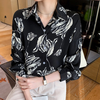 Ink Painting Blossom Print Lapel Shirt