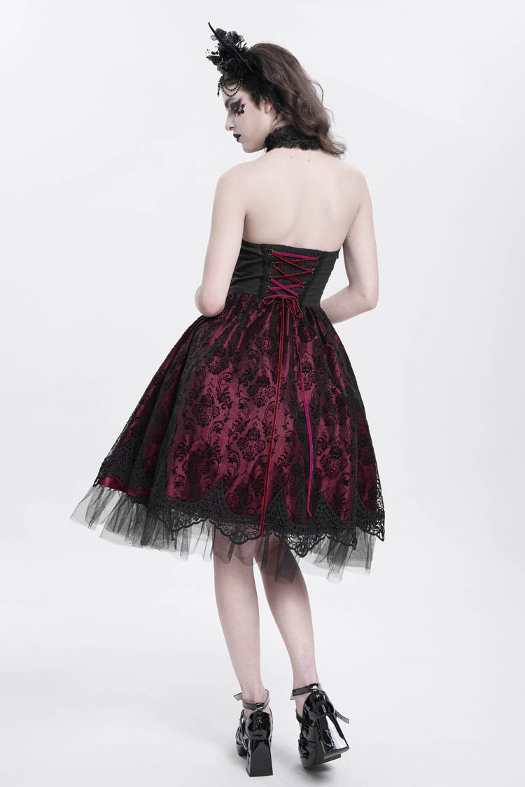Crimson Halterneck Skeleton Print Embroidered Stitching Lace Gothic Gown