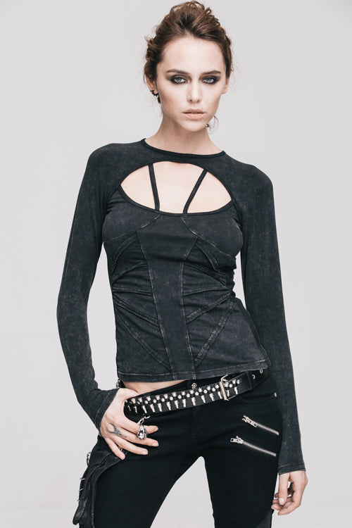 Women's Punk T-Shirt with Hollow Out Long Sleeves Straps Design