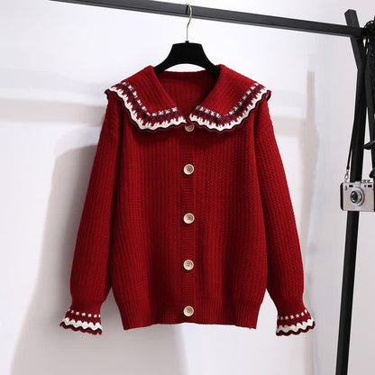 Elegant Doll Collar Knit Sweater Plaid Print Pleated Skirt