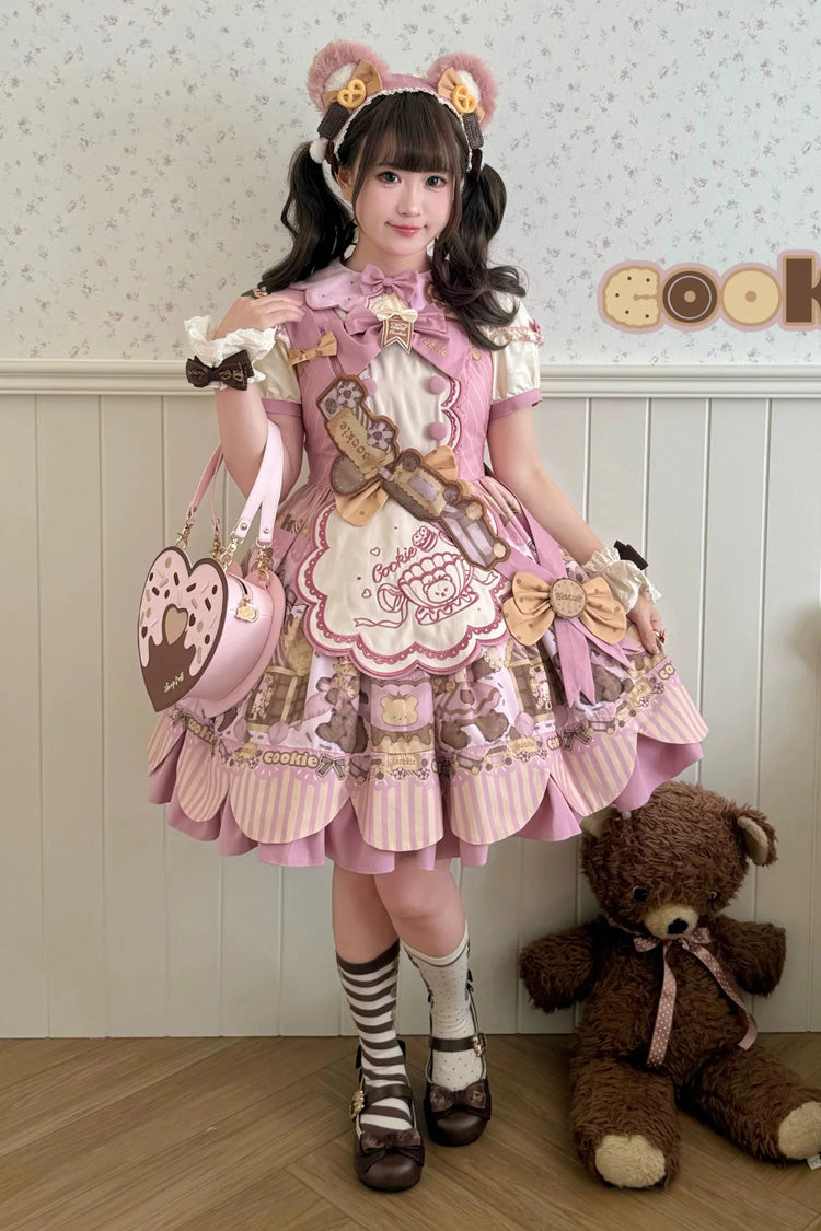Teddy Bear Cookie Dessert Print Dress with Bow & Ruffles