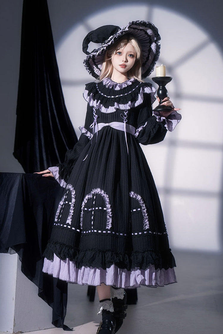 Noir Round Collar Long Sleeve Double Ruffle Lace-Up Dress - Twin Lilian