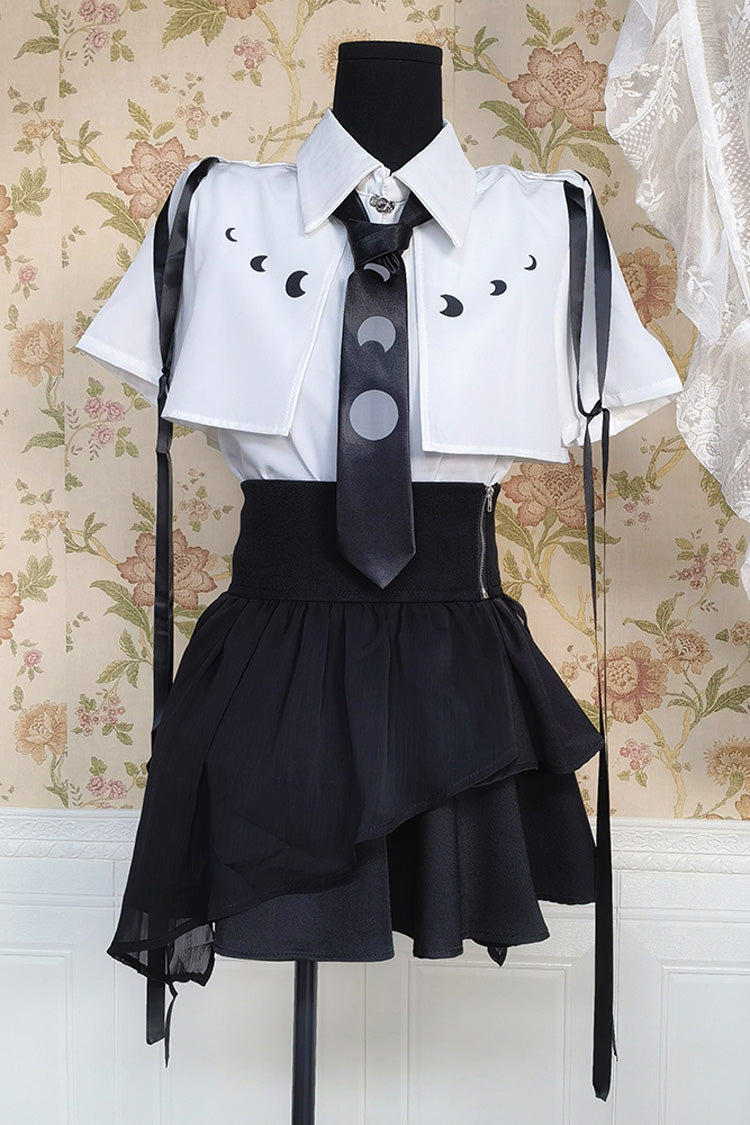 Monochrome Asymmetric Gothic Skirt and Blouse Set with Ruffled Short Sleeves