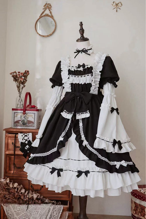 Monochrome Sweet Lolita OP Dress with Detachable Trumpet Sleeves and High Waist