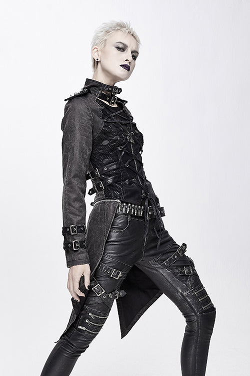Noir Punk Coat with Spikes and Zipper Front