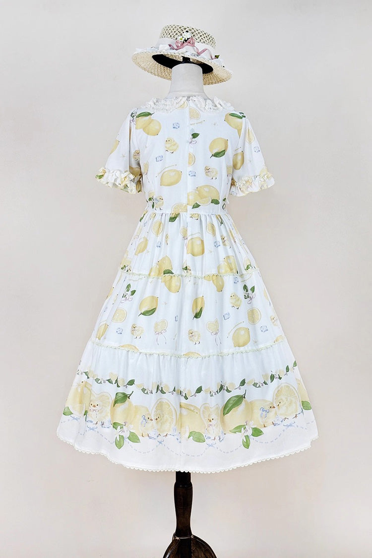 Print Ruffled Bow Lace Daily Sweet Lolita Dress - White Lemon Chicken