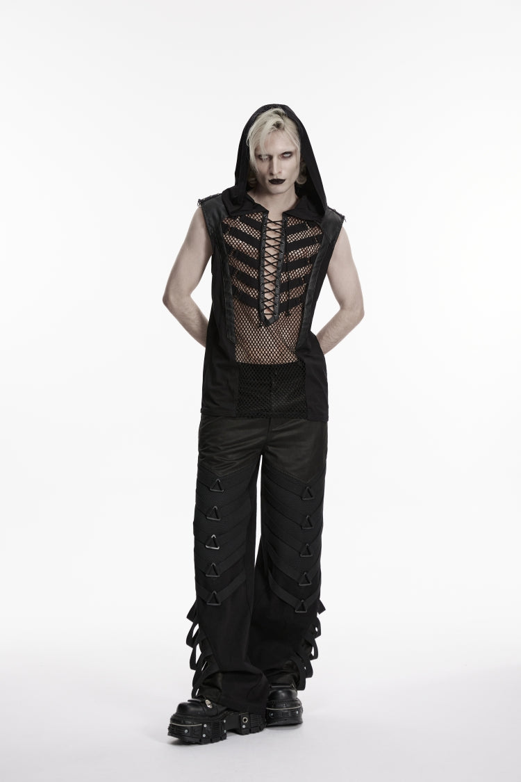 Noir Punk Vest with Hood and Lace-Up Front