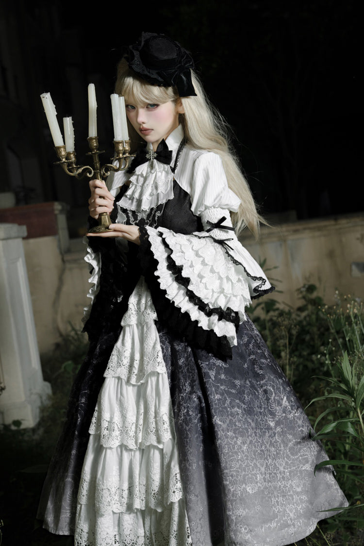 Monochrome Gothic Princess JSK with Bone Print, Ruffled Cardigan, and Lace