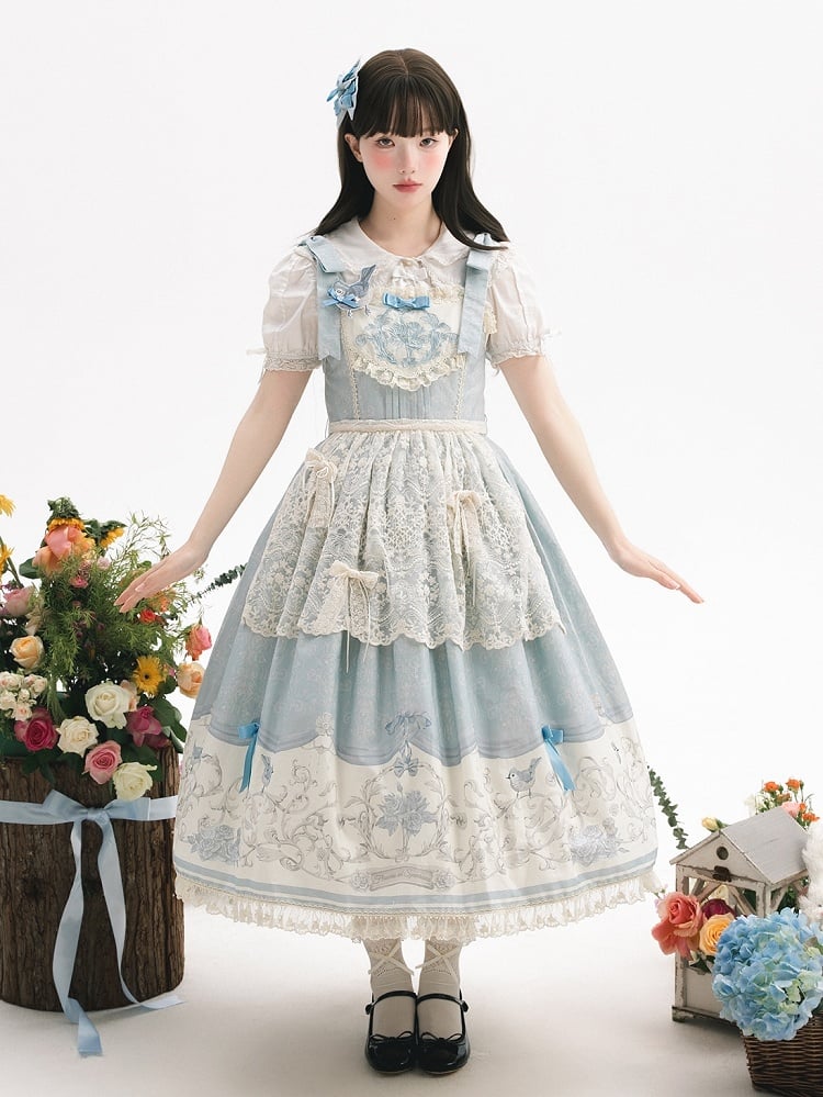 Floral Blue Lolita Jumper Skirt Print and Titmouse
