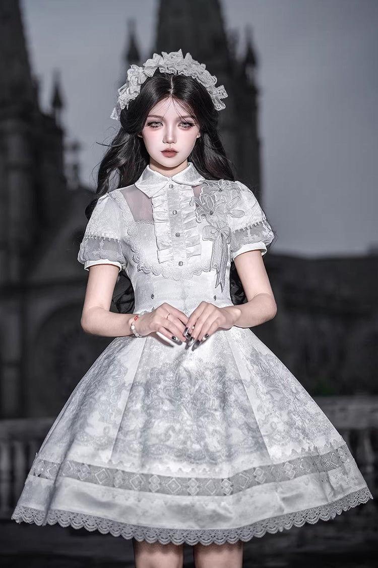 Ivory Classic Gothic Lolita Dress with Ruffled Lace and Short Sleeves