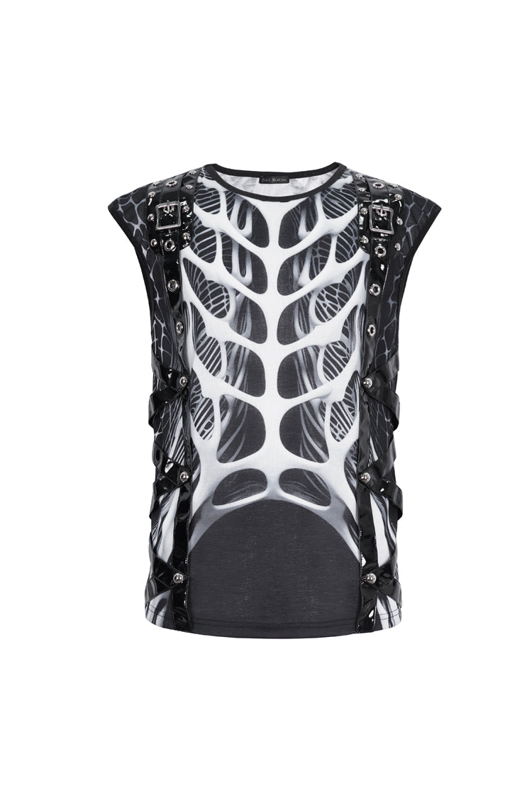 Monochrome Punk Vest with Round Collar and Cut-Out Print