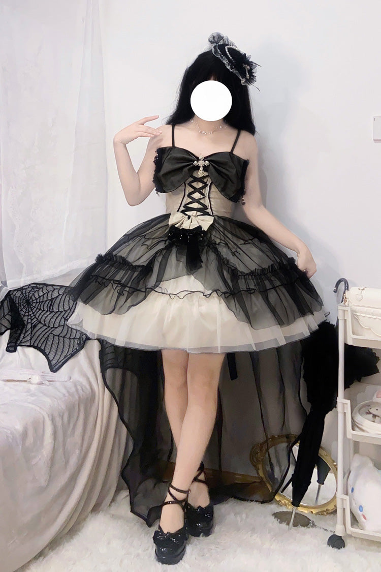Monochrome Gothic Plus-Size JSK with Lace-Up Front and Hanayome Ruffles - Short