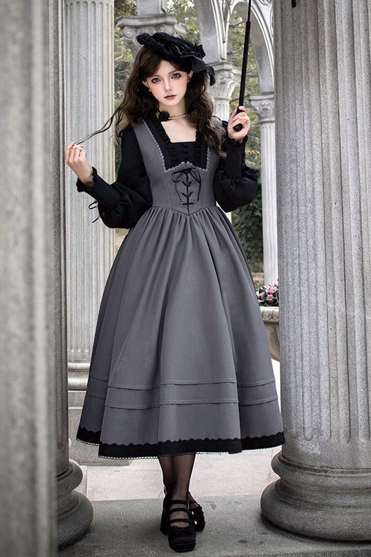 Ash Square-Collar Color-Block Lolita Gown with Lace-Up Bow