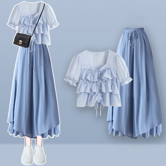 Sqaure Collar Puff T-Shirt Split Pantskirt