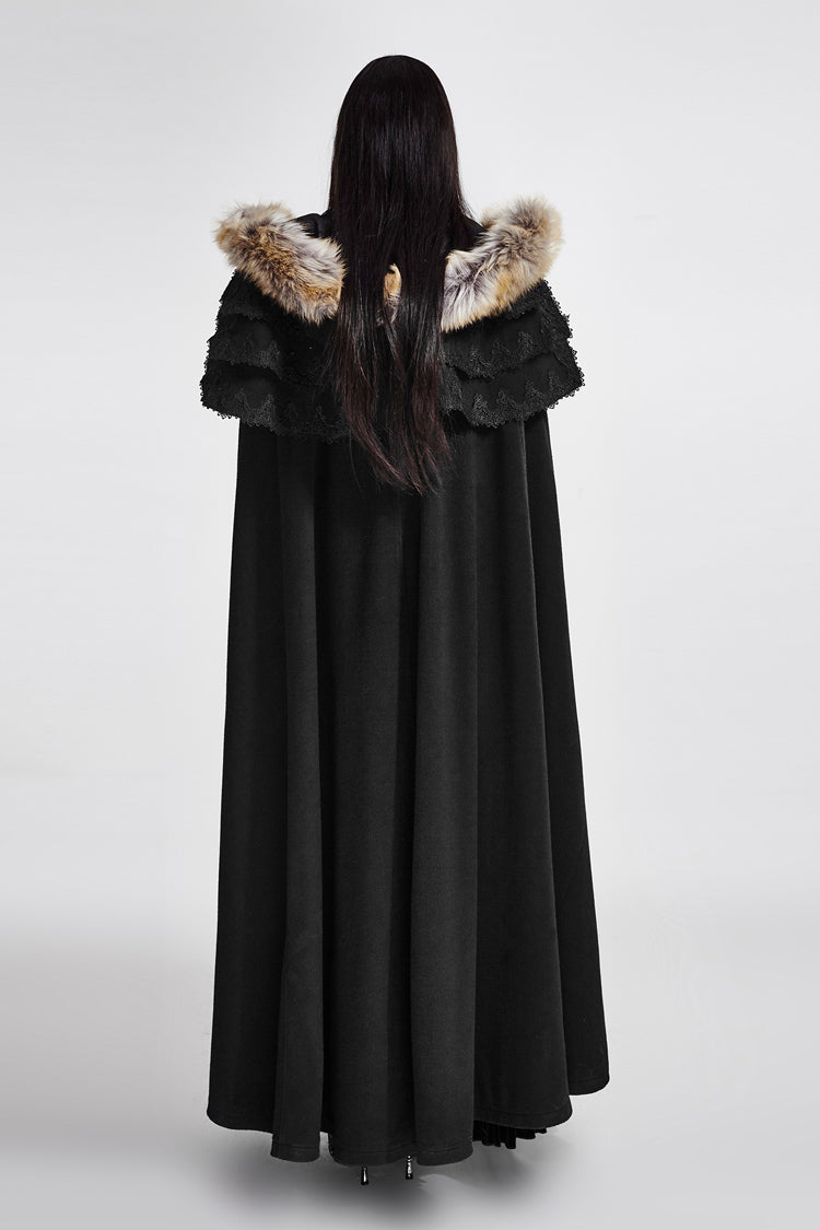 Women's Gothic Coat Cloak with Hooded Fur Collar Wool Long Design