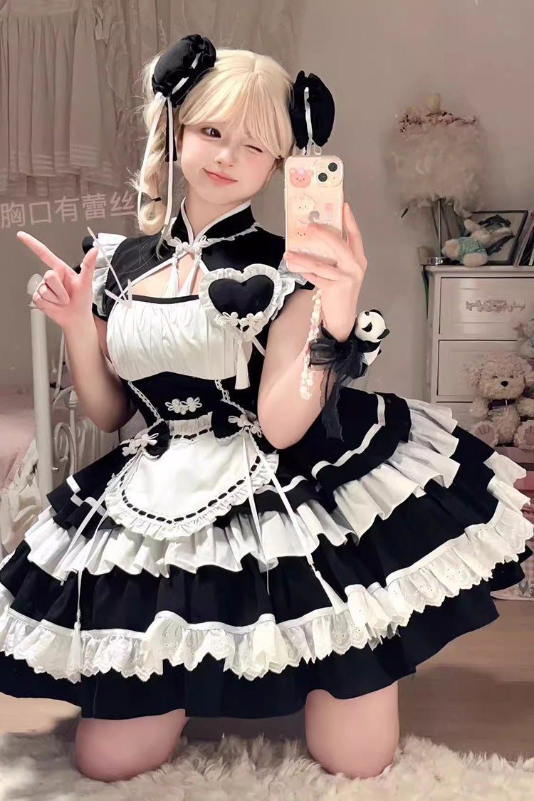 Black and White Layered Ruffle Cheongsam Maid Dress - Gothic Fusion
