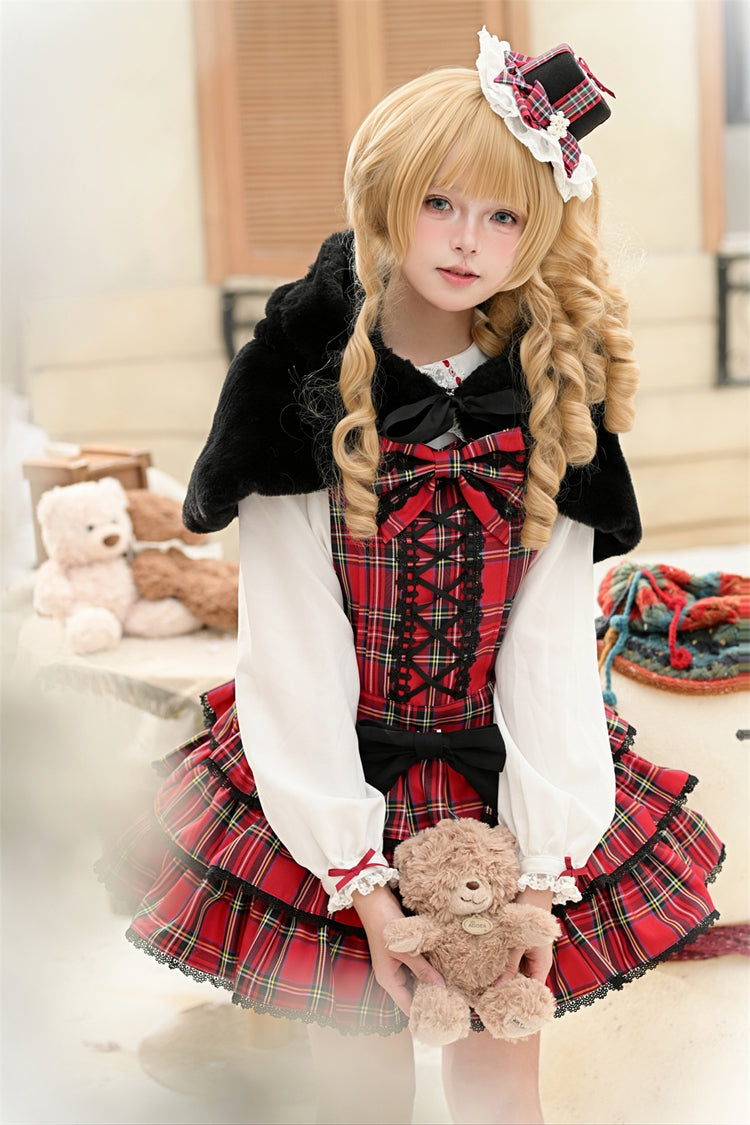 Red Velvet Cake Triple-Layered Printed Ruffled Bow Lace-Up Gothic Elegant Jsk Dress