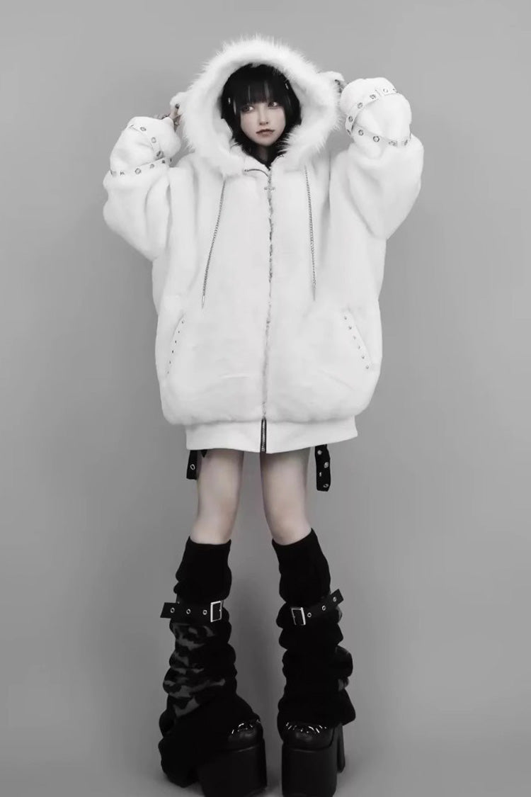 Ivory Lamb Ear Hooded Rivet Punk Japanese Jirai Kei Jacket