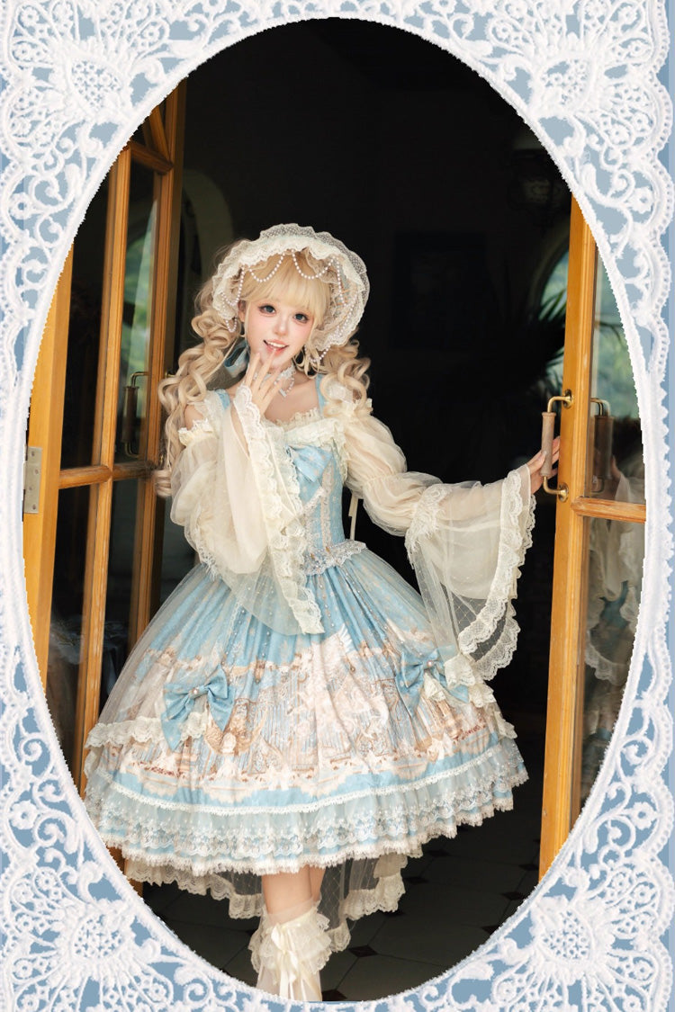 Unicorn Print Sleeveless Multi-Layer Embroidery Bow Lace Sweet Lolita Jumper Gown