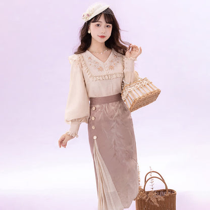 Elegant Embroidery Pink Shirt High Waist Split Pleated Skirt