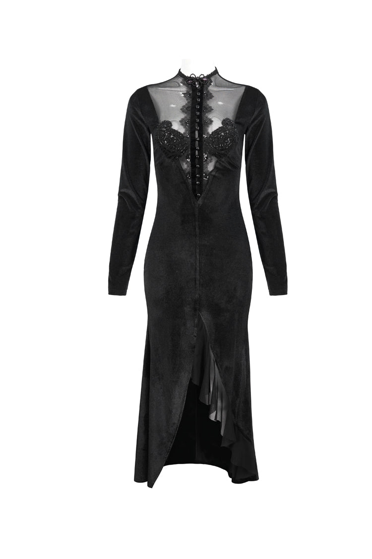 High Collar Paisley Lace Mesh Dress with Asymmetric Hem - Black Gothic