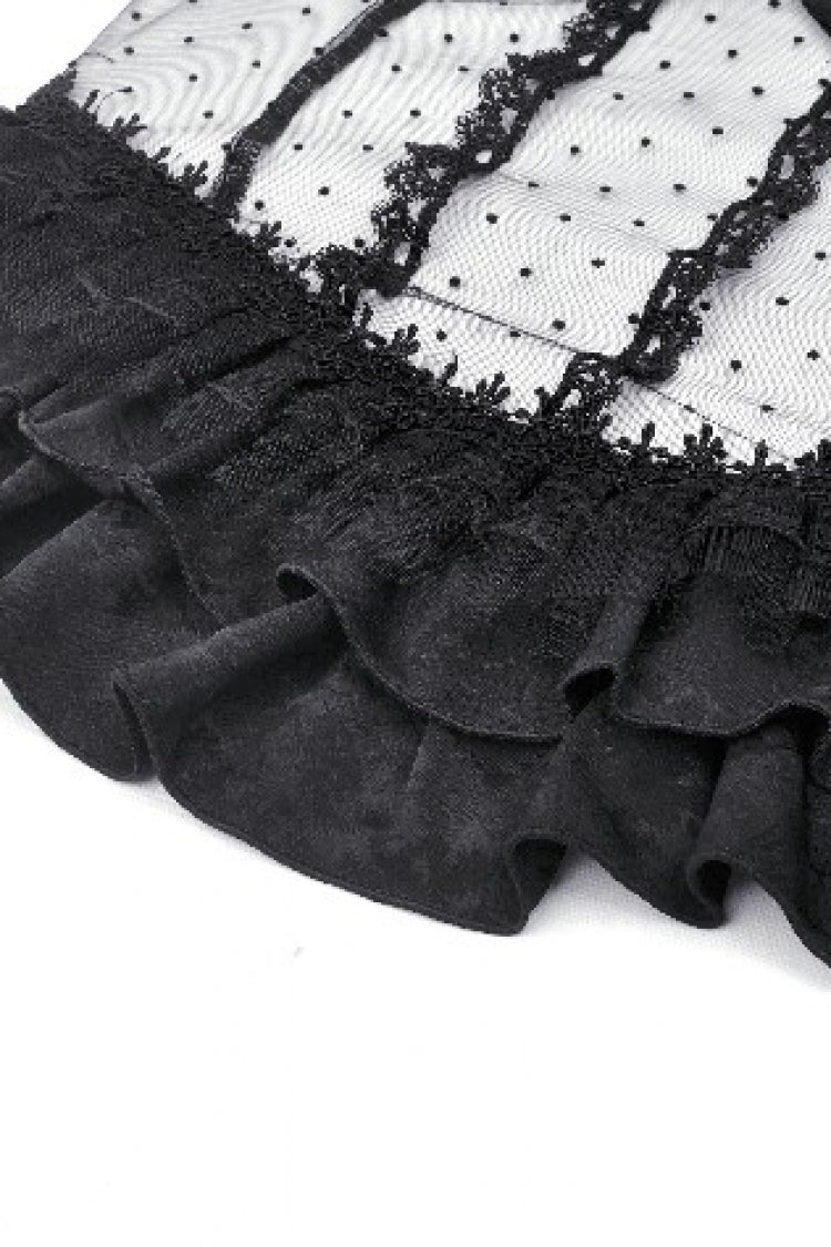 Obsidian Double-Layered Lace Ruffle Top with Spaghetti Straps - Gothic Sheer
