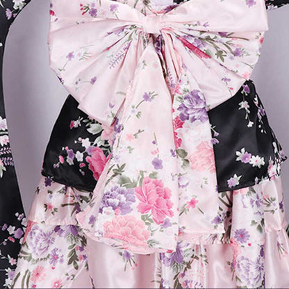 Cosplay Flower Print Bowknot Kimono Costume