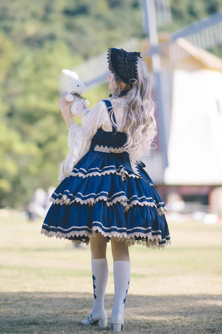 Dark Blue Three-Tiered Sweet Lolita Dress with Ribbon and Sleeveless