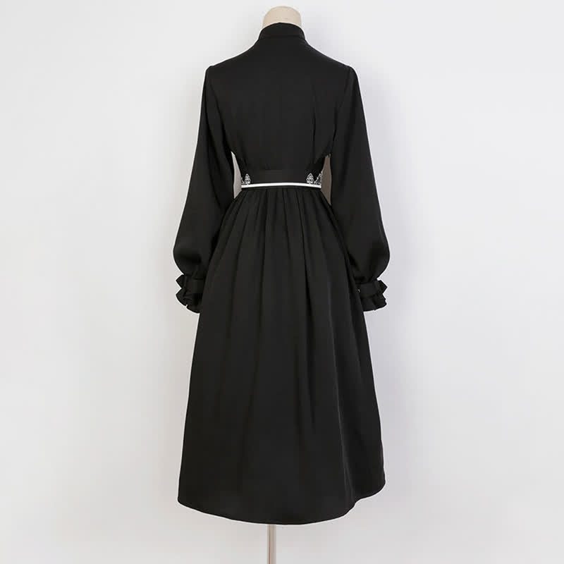 Elegant Black Vintage Embroidery Belted Pleated Dress