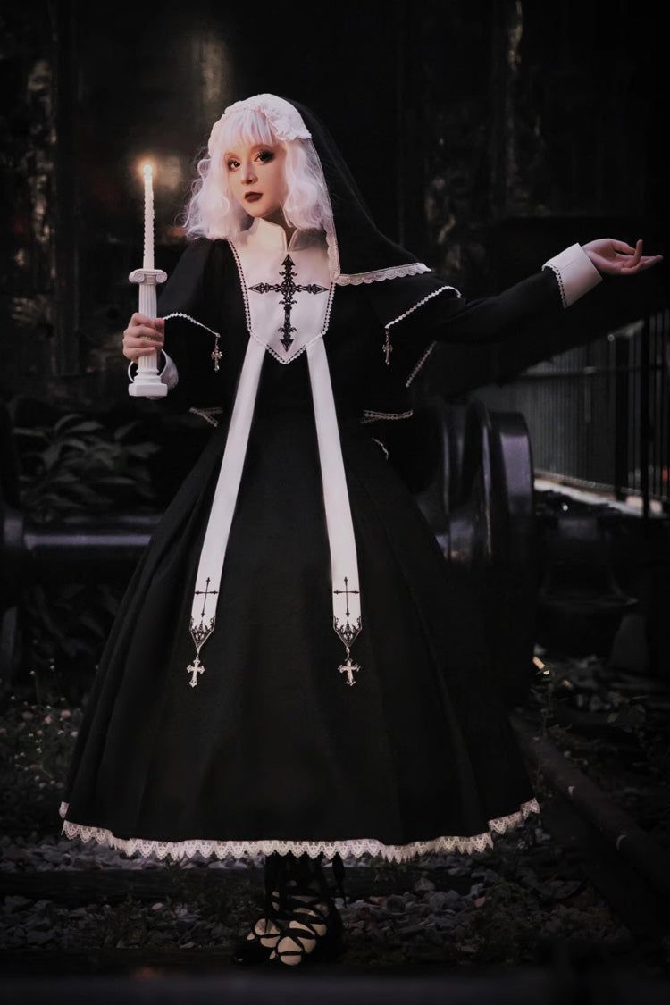 Long Sleeves Print Stitching Lace Gothic Elegant Lolita Dress