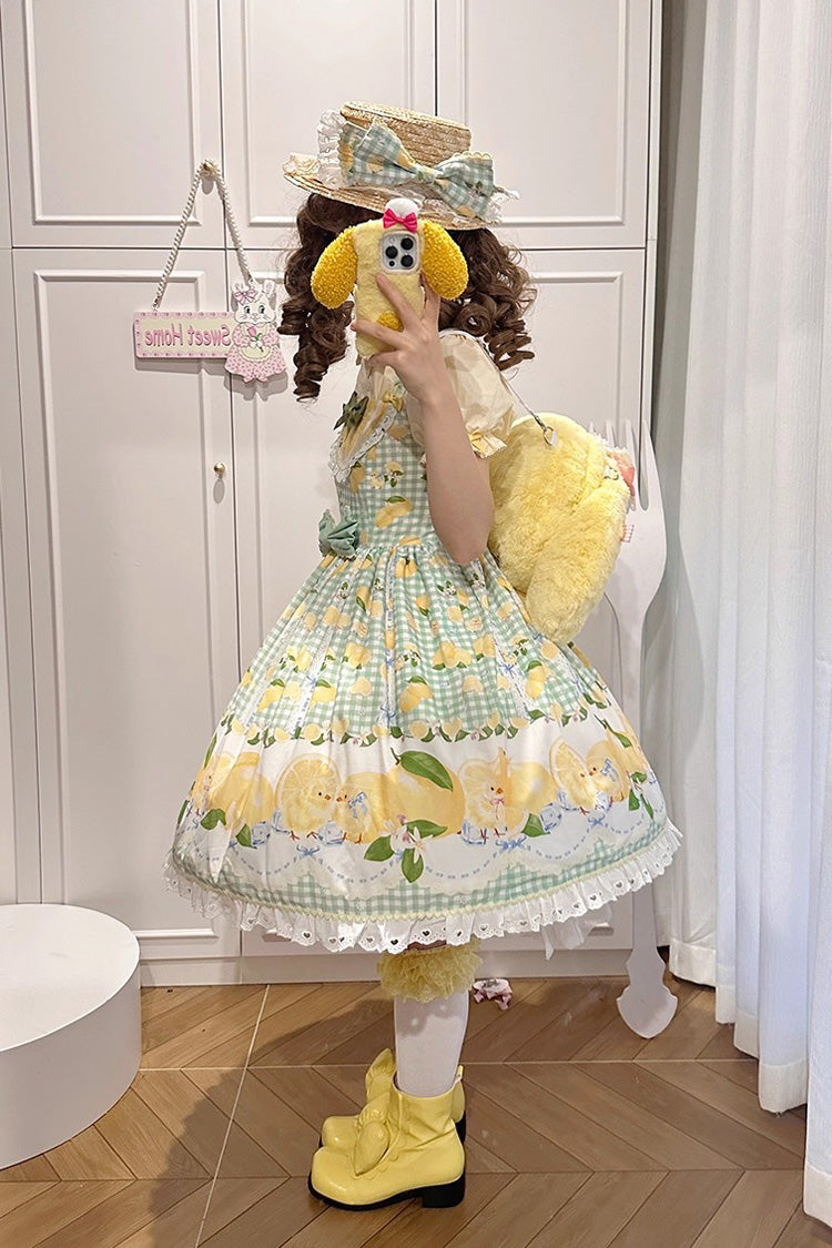 Verdant Printed Ruffle Bow Lace Sweet Jumper Dress - Lemon Chicken