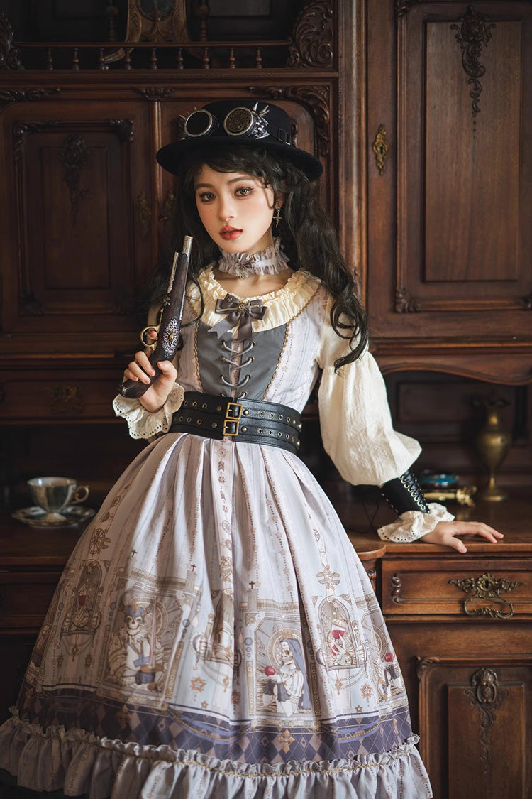 Demon Print Lantern Sleeve Dress with Ruffles - Elegant
