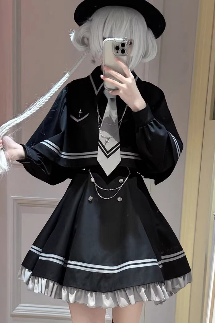 Printed Ruffled Chain-Decorated Gothic Jirai Kei Dress Set
