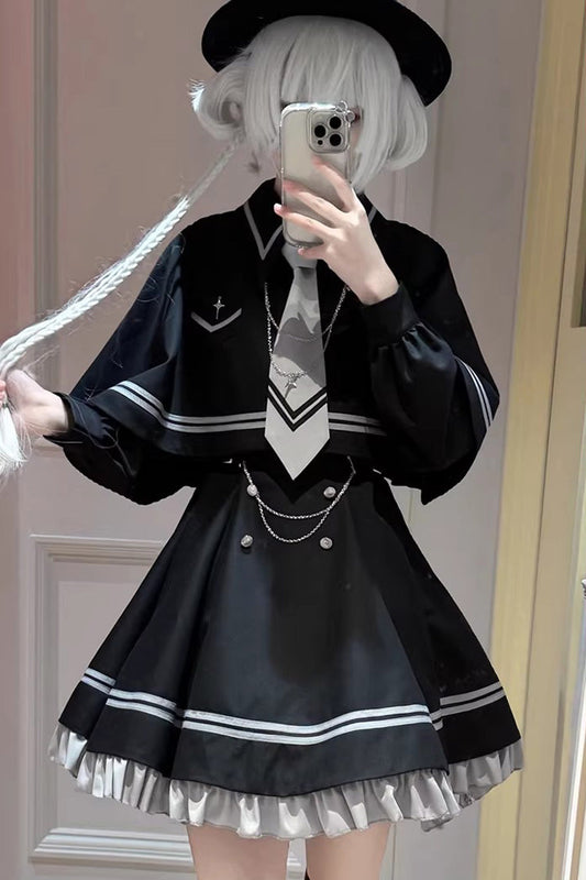 Printed Ruffled Chain-Decorated Gothic Jirai Kei Dress Set
