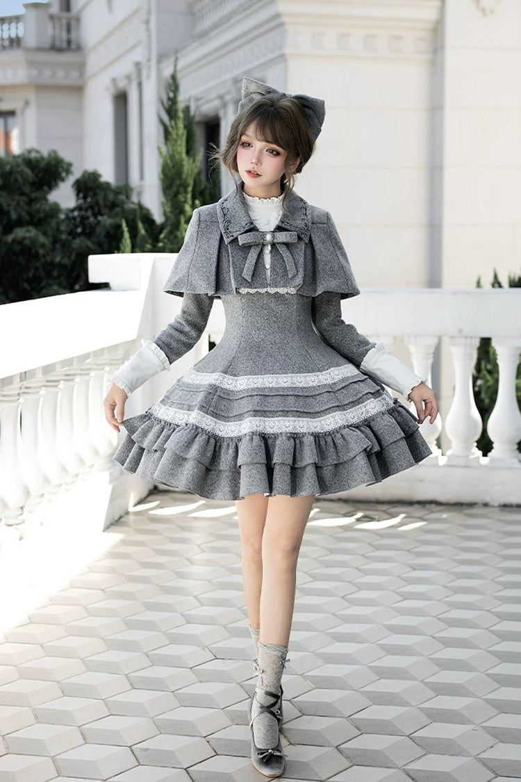 Ash Stand-Collar Ruffled Bow Lolita Gown with Poetry Motif