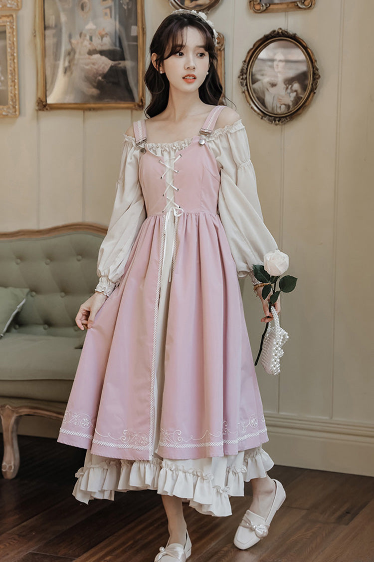 Square Collar Lolita Two-Piece with Lace-Up & Ruffled Details