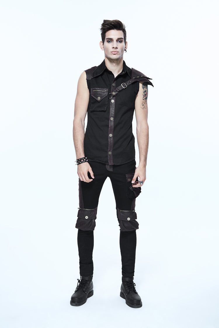 Sleeveless Punk Shirt with Armor Shoulder and Hasp