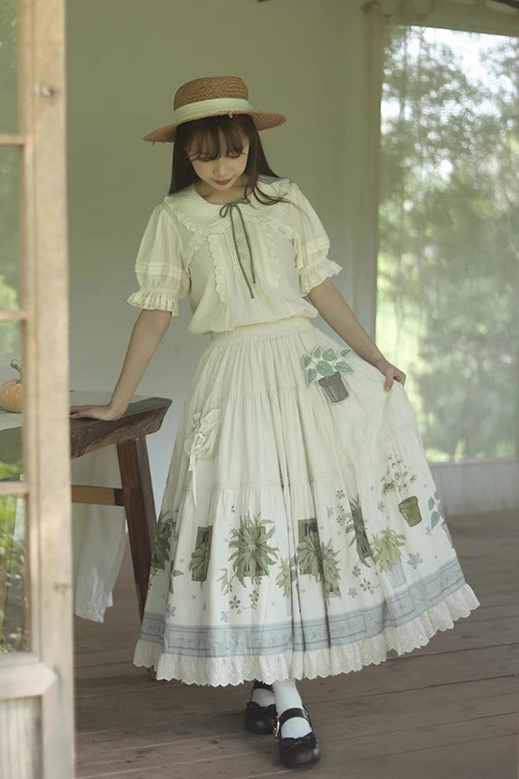 Ivory Potted Plant Print Ruffle Sweet Lolita Skirt
