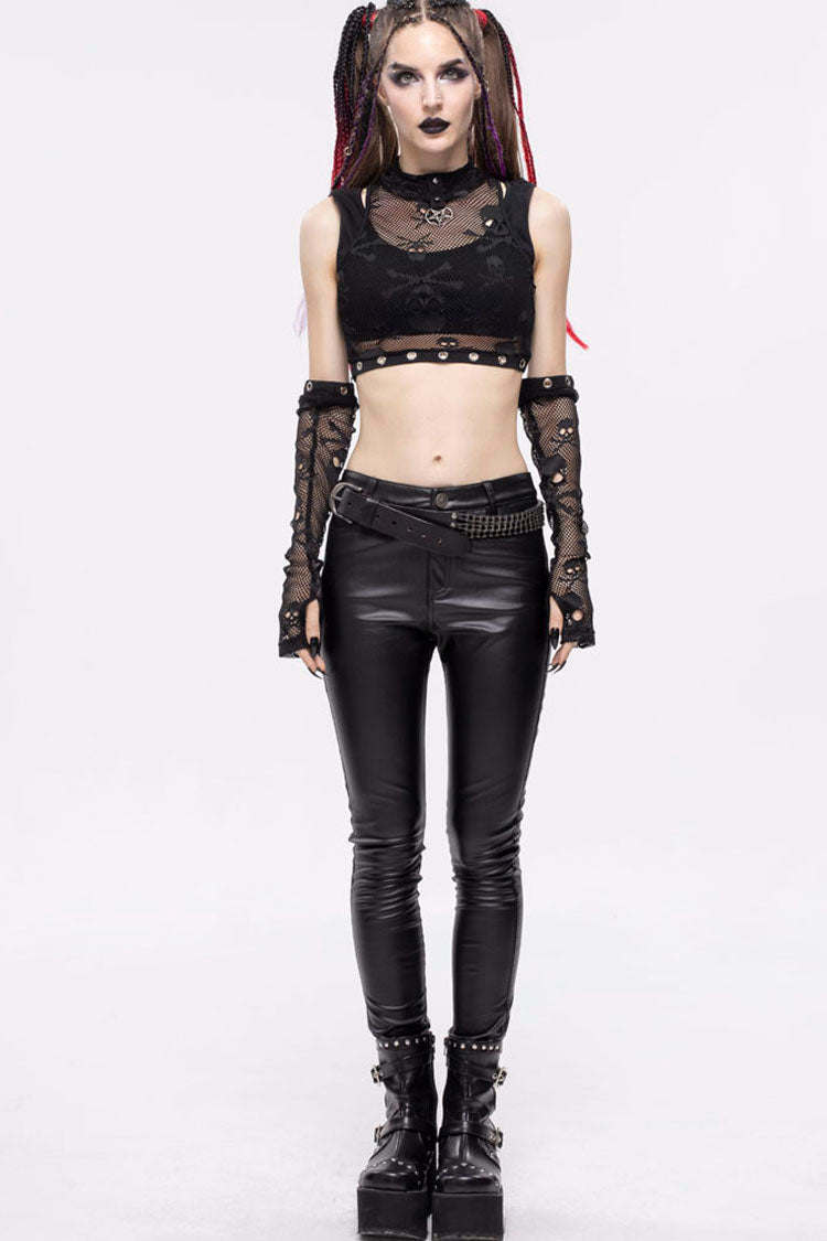 Gothic Cotton Knit Two-Piece Look High Collar Skull Mesh Mini Vest